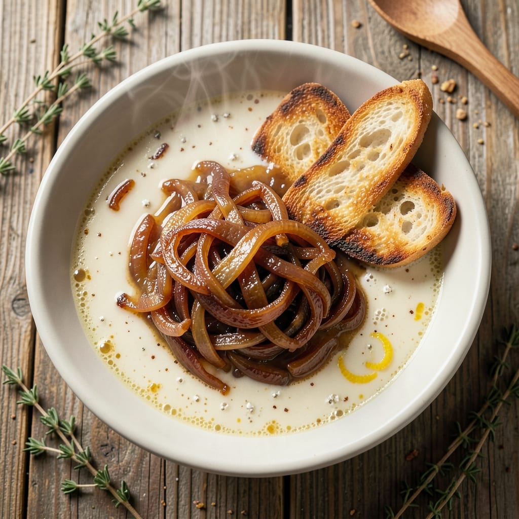 Alcohol-Free French Onion Soup Recipe: Caramelized Onions and Gruyère Clouds