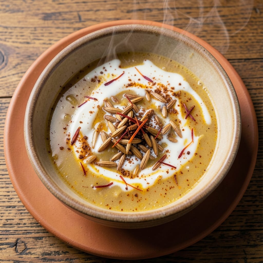 Aladdin's V Nine Soup Recipe: Saffron-Infused Creamy Delight with Toasted Barley Crunch