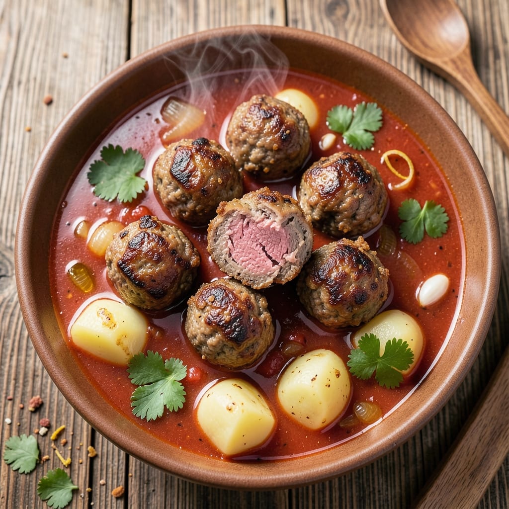 Albondigas Soup Recipe with Potatoes: Spiced Meatballs in Tomato-Basil Broth Over Creamy Spuds