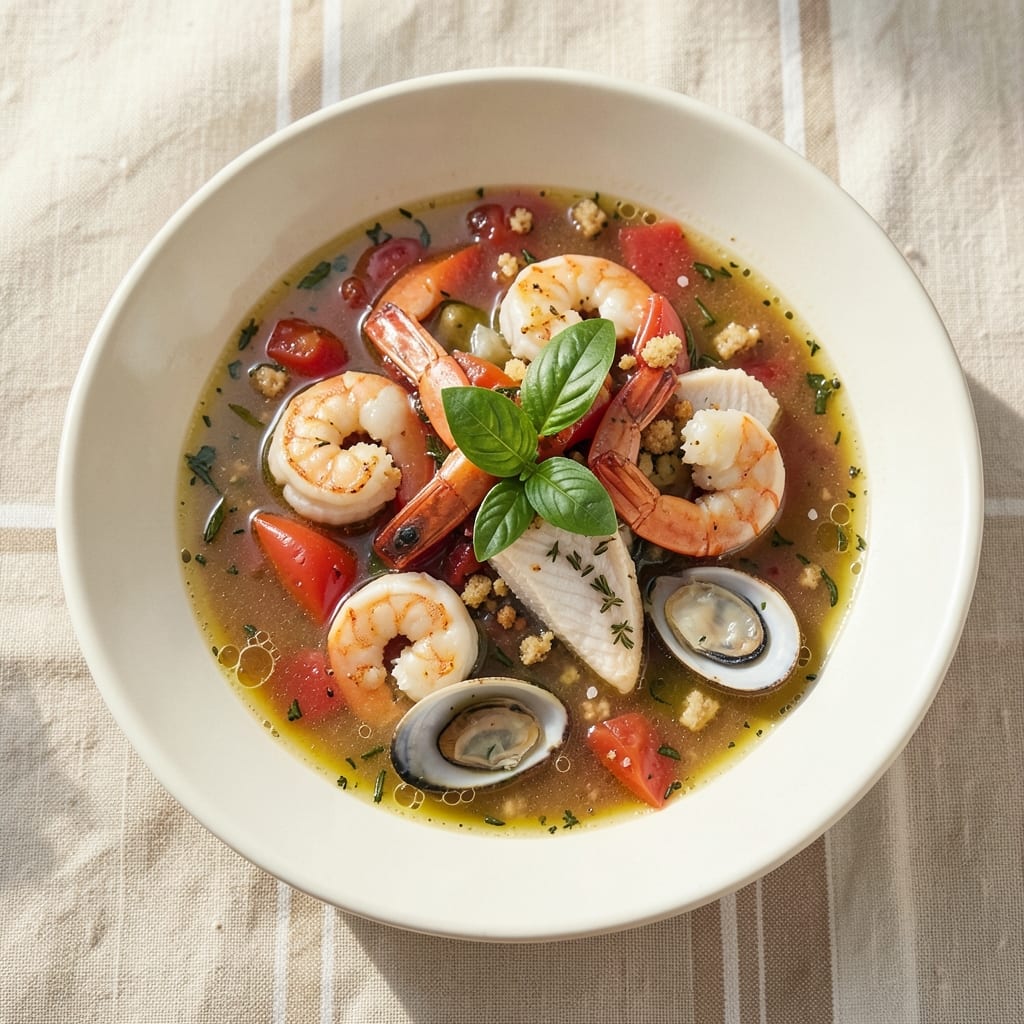 7 Seafood Soup Recipe: Braised Tomato-Basil Base with Crispy Garlic Crunch