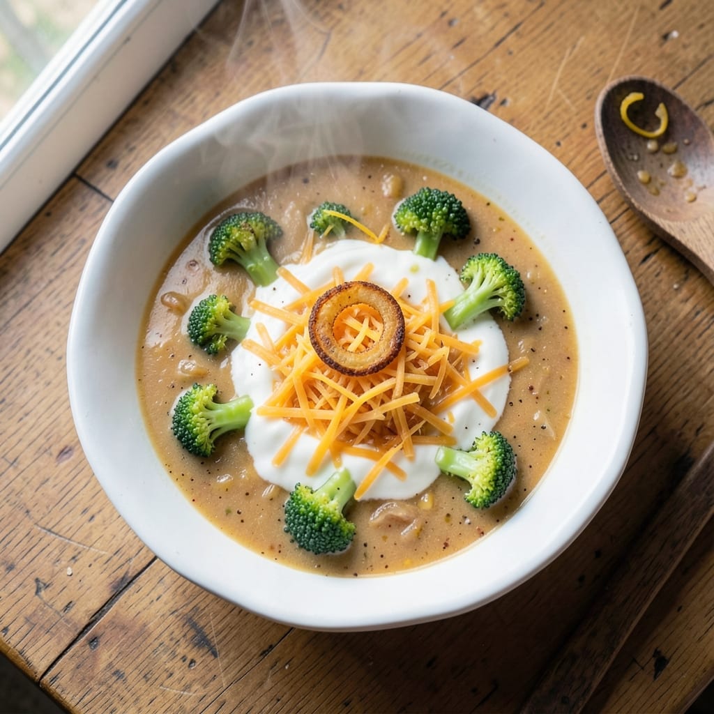 Almost Famous Broccoli Cheddar Soup Recipe: Velvet-Smooth Cheese Swirls and Crispy Bacon Topping